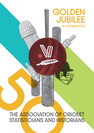 The ACS stumps and feather logo, over a red cricket ball; bats, bails, pad and helmet visible behind. Text: Golden Jubilee 14 October 2023, The Association of Cricket Statisticians and Historians