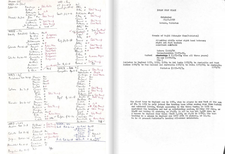 A couple of pages from Peter Wynne-Thomas's entry on Imran Khan, including typed biographical details on the right and handwritten notes on his Test performances on the left.